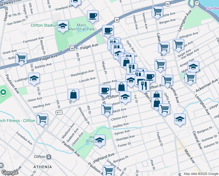 map of restaurants, bars, coffee shops, grocery stores, and more near 153 Harding Avenue in Clifton