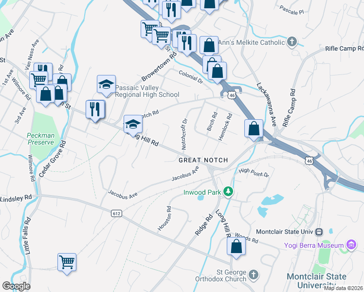 map of restaurants, bars, coffee shops, grocery stores, and more near 125 Long Hill Road in Little Falls