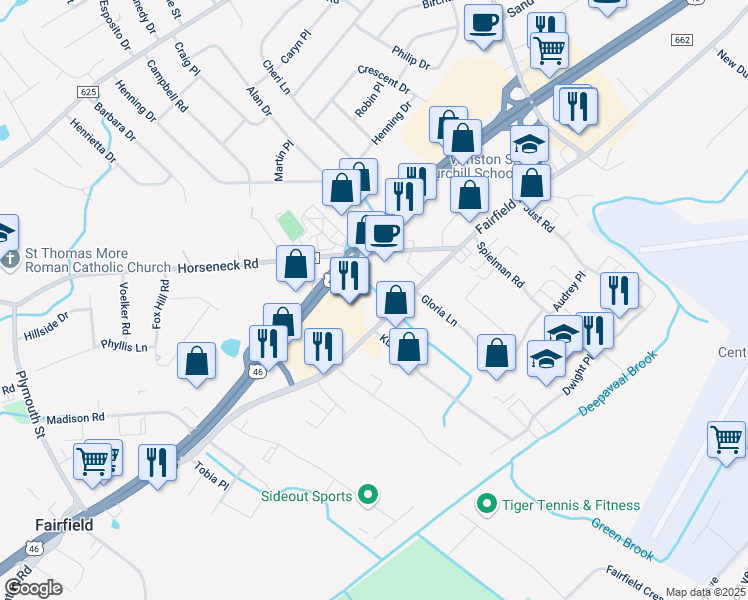 map of restaurants, bars, coffee shops, grocery stores, and more near 133 Fairfield Road in Fairfield