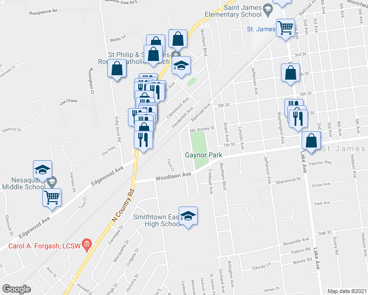 map of restaurants, bars, coffee shops, grocery stores, and more near 245 Jackson Avenue North in St. James