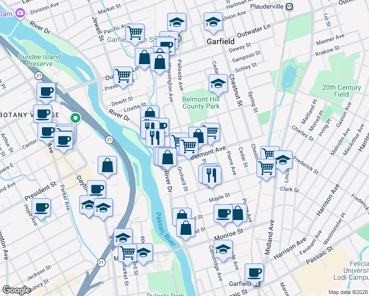 map of restaurants, bars, coffee shops, grocery stores, and more near 35 Belmont Avenue in Garfield