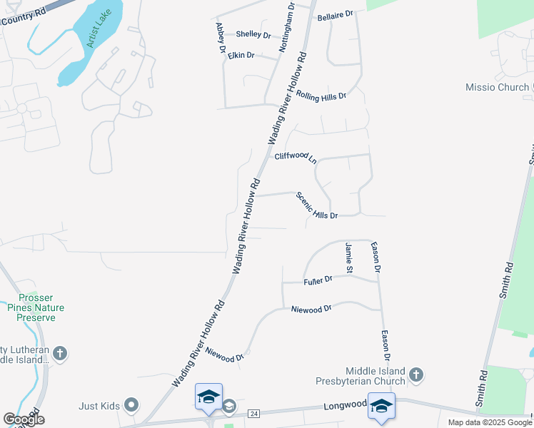 map of restaurants, bars, coffee shops, grocery stores, and more near 647 Wading River Hollow Road in Manorville