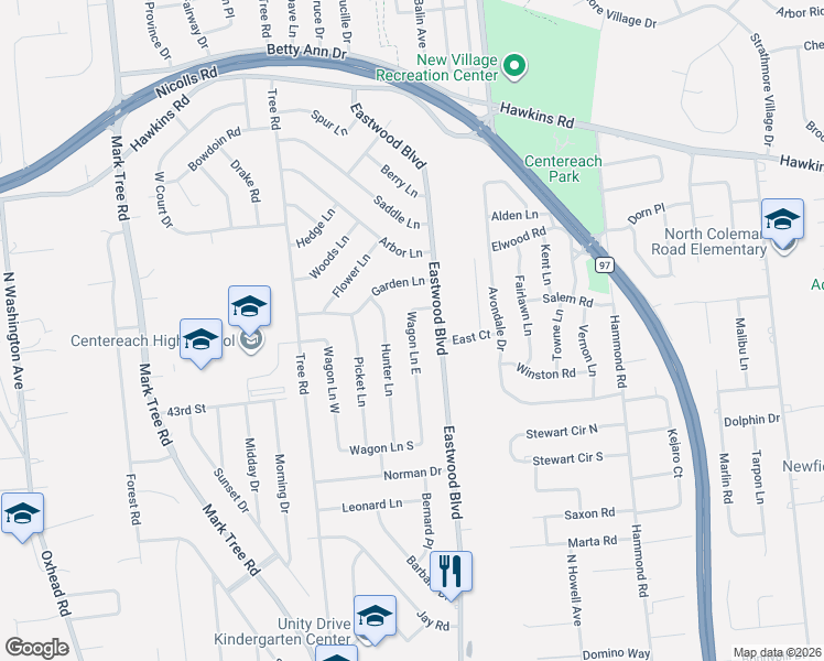 map of restaurants, bars, coffee shops, grocery stores, and more near 22 Wagon Lane in Centereach