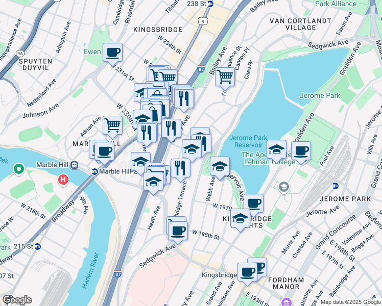 map of restaurants, bars, coffee shops, grocery stores, and more near 2880 Kingsbridge Terrace in Bronx