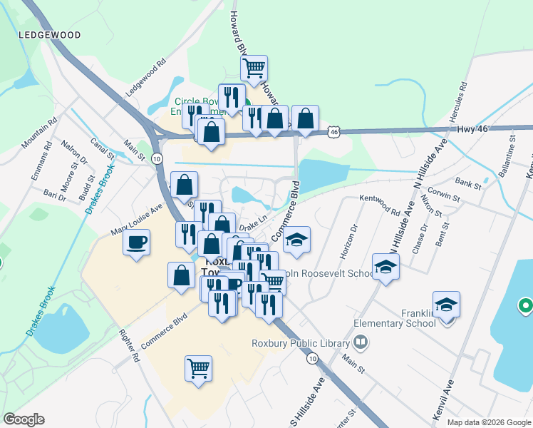 map of restaurants, bars, coffee shops, grocery stores, and more near 153 Main Street in Roxbury Township