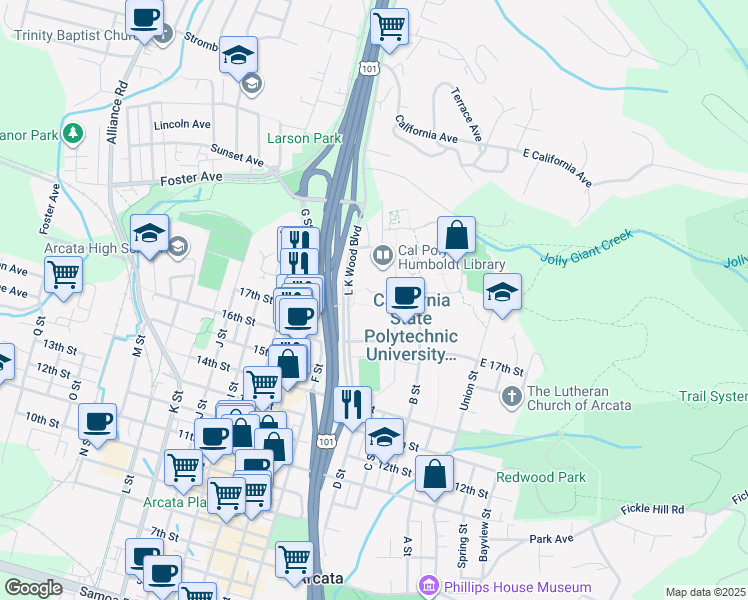 map of restaurants, bars, coffee shops, grocery stores, and more near 335 Laurel Drive in Arcata