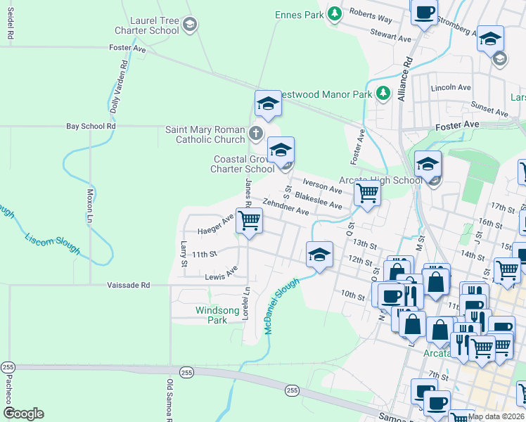 map of restaurants, bars, coffee shops, grocery stores, and more near 1929 Haeger Avenue in Arcata