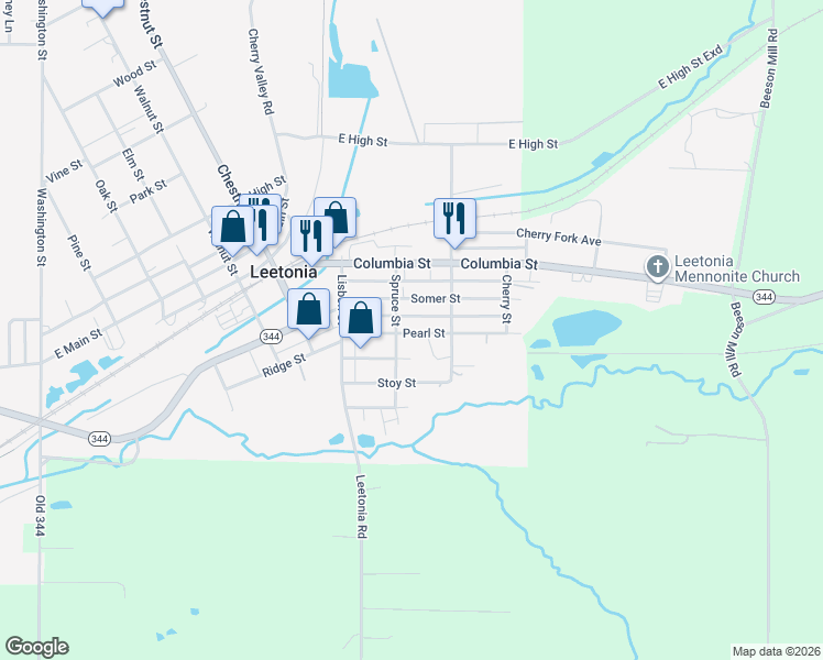 map of restaurants, bars, coffee shops, grocery stores, and more near 375 Waddell Street in Leetonia