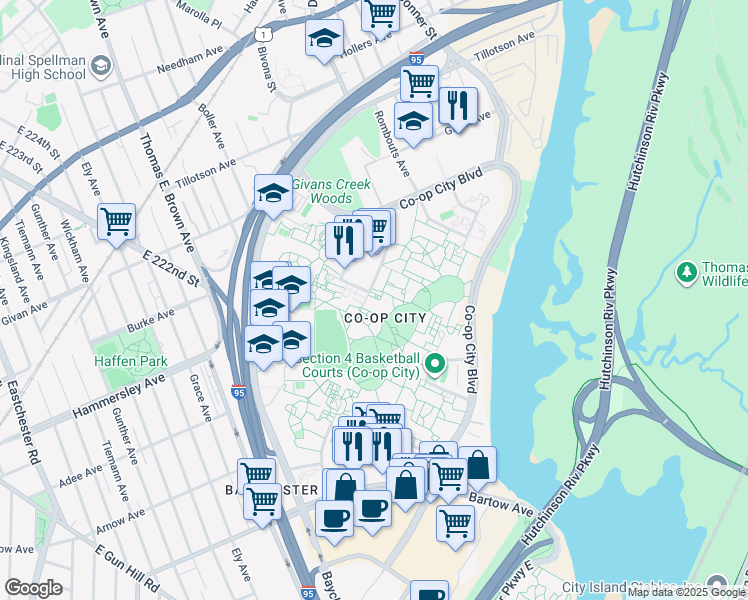 map of restaurants, bars, coffee shops, grocery stores, and more near 2049 Bartow Avenue in Bronx