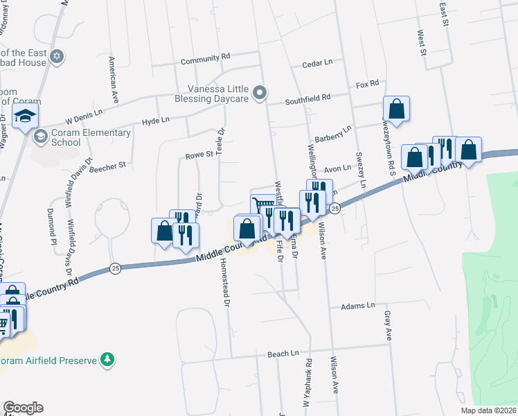 map of restaurants, bars, coffee shops, grocery stores, and more near 8 Loretta Court in Coram