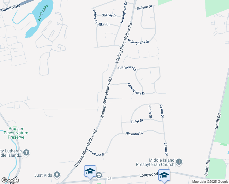 map of restaurants, bars, coffee shops, grocery stores, and more near 647 Wading River Hollow Road in Ridge