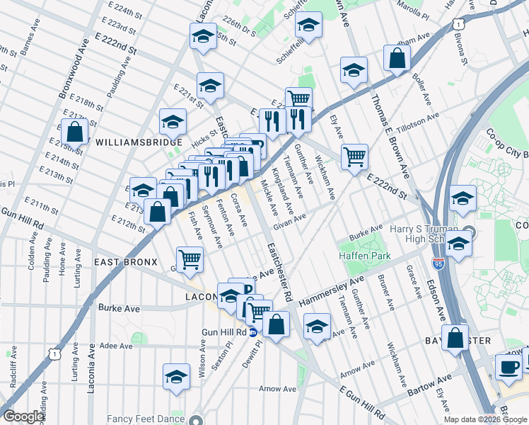 map of restaurants, bars, coffee shops, grocery stores, and more near 3300 Eastchester Road in Bronx