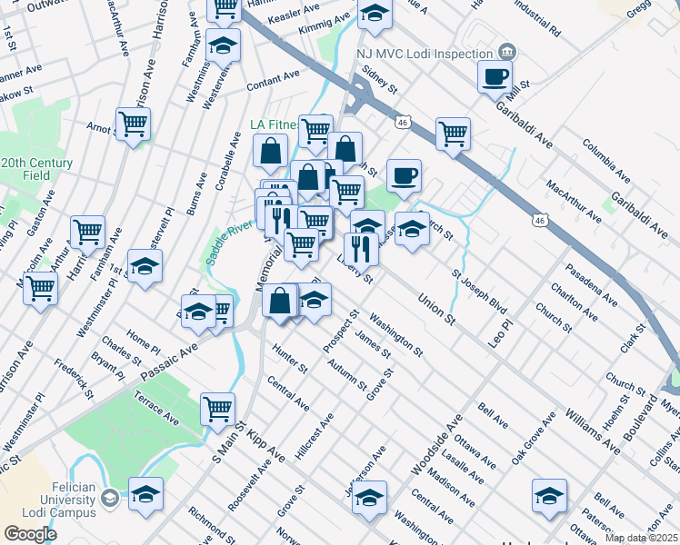 map of restaurants, bars, coffee shops, grocery stores, and more near 63 Washington Street in Lodi