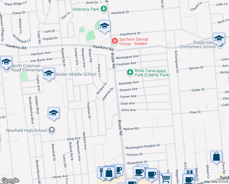 map of restaurants, bars, coffee shops, grocery stores, and more near 1 Coronet Court in Selden