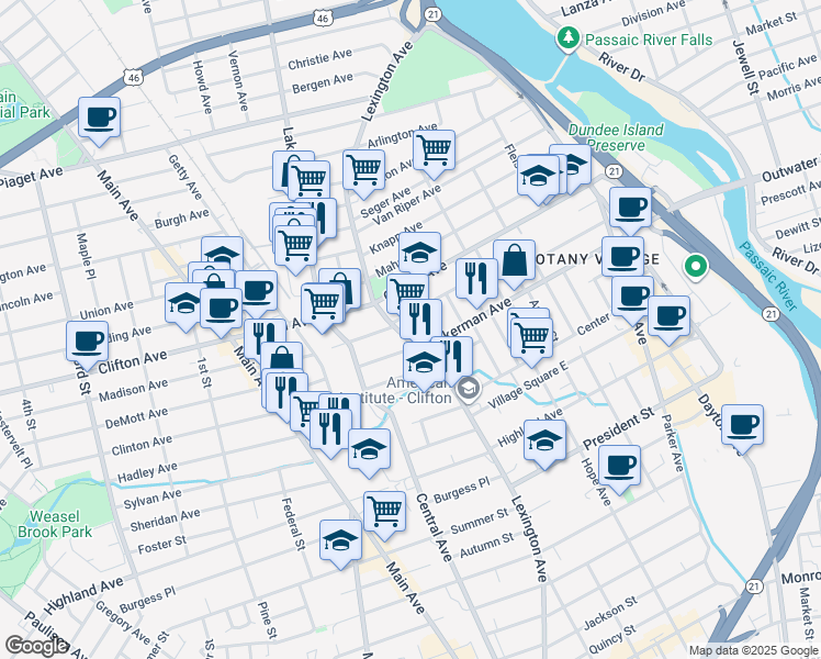 map of restaurants, bars, coffee shops, grocery stores, and more near 12 Kulick Street in Clifton