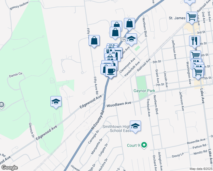 map of restaurants, bars, coffee shops, grocery stores, and more near 408 North Country Road in St. James