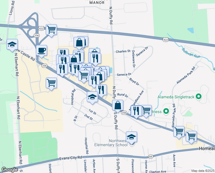 map of restaurants, bars, coffee shops, grocery stores, and more near 200 Butler Commons in Butler