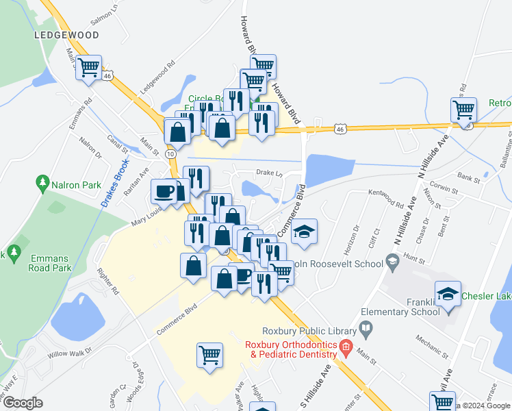 map of restaurants, bars, coffee shops, grocery stores, and more near 260 Drake Lane in Roxbury Township