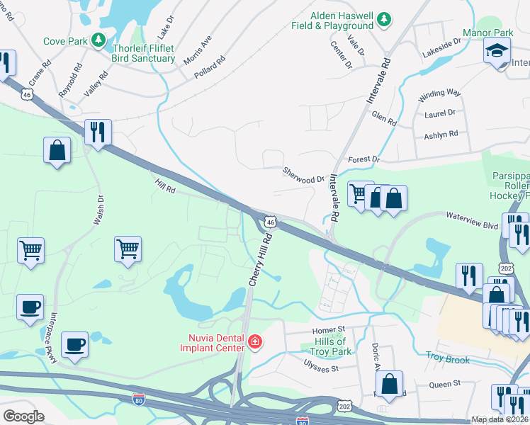 map of restaurants, bars, coffee shops, grocery stores, and more near 3525 U.S. 46 in Parsippany-Troy Hills