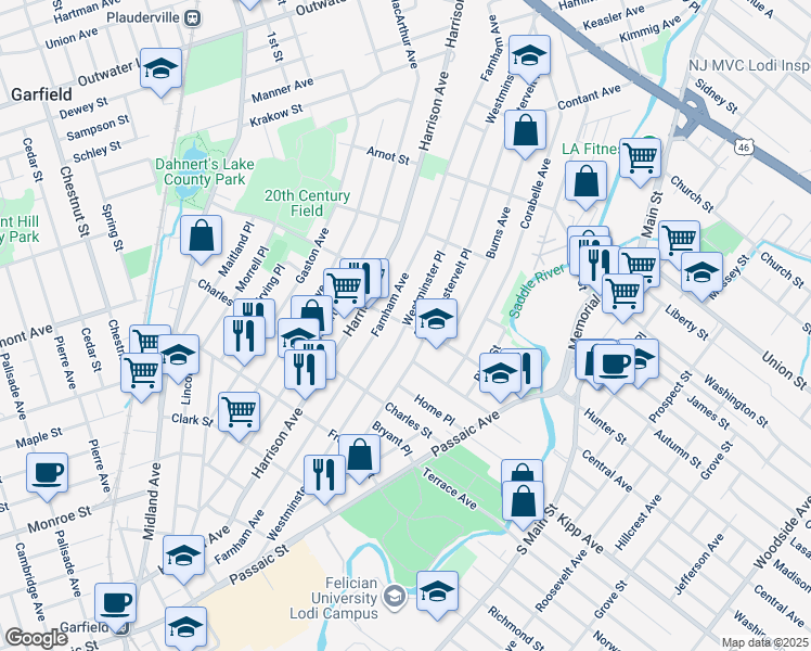 map of restaurants, bars, coffee shops, grocery stores, and more near 235 Westminster Place in Lodi