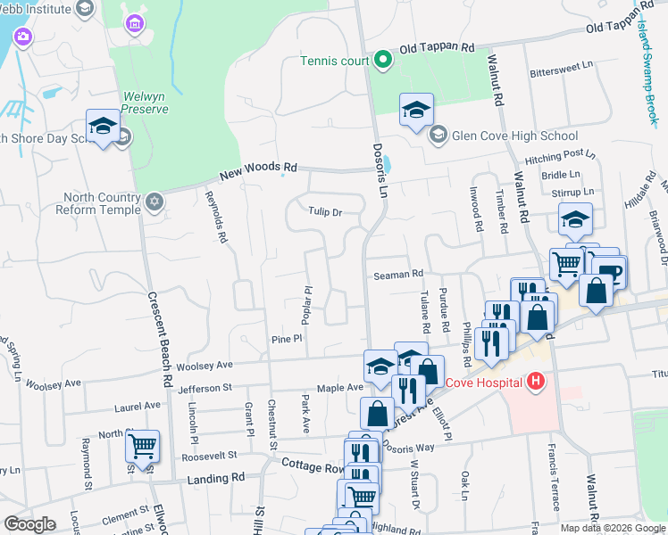 map of restaurants, bars, coffee shops, grocery stores, and more near 20 Buckeye Road in Glen Cove
