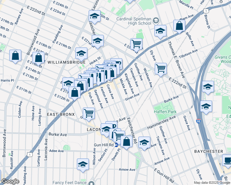 map of restaurants, bars, coffee shops, grocery stores, and more near 3321 Corsa Avenue in Bronx