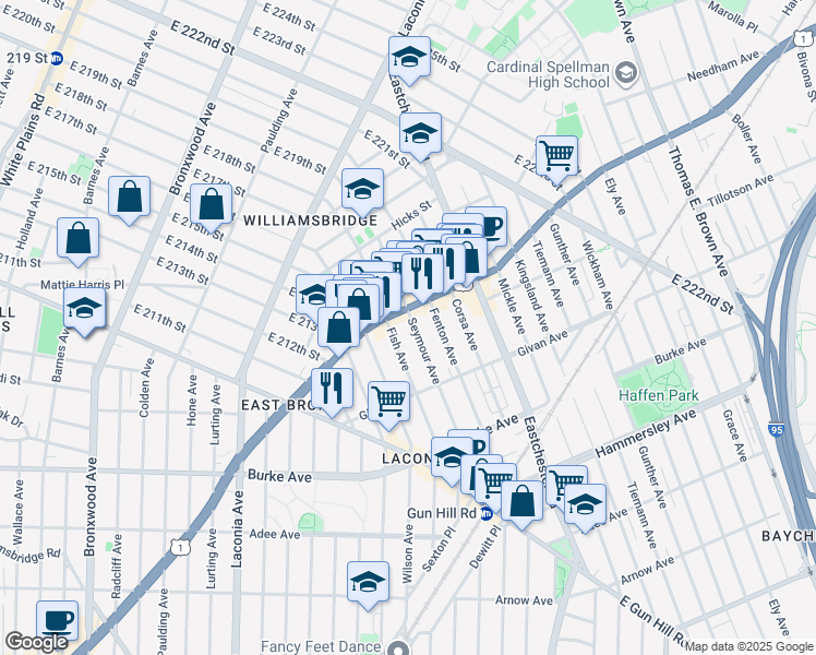 map of restaurants, bars, coffee shops, grocery stores, and more near 3341 Fish Avenue in Bronx