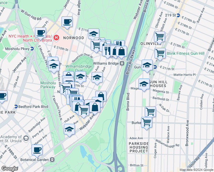 map of restaurants, bars, coffee shops, grocery stores, and more near 3249 Parkside Place in Bronx