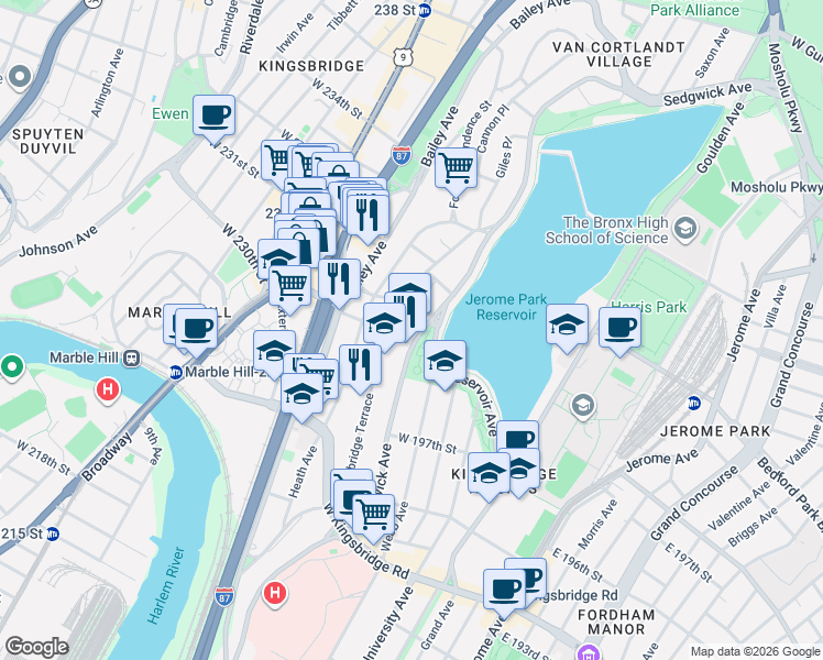 map of restaurants, bars, coffee shops, grocery stores, and more near 2890 Sedgwick Avenue in The Bronx