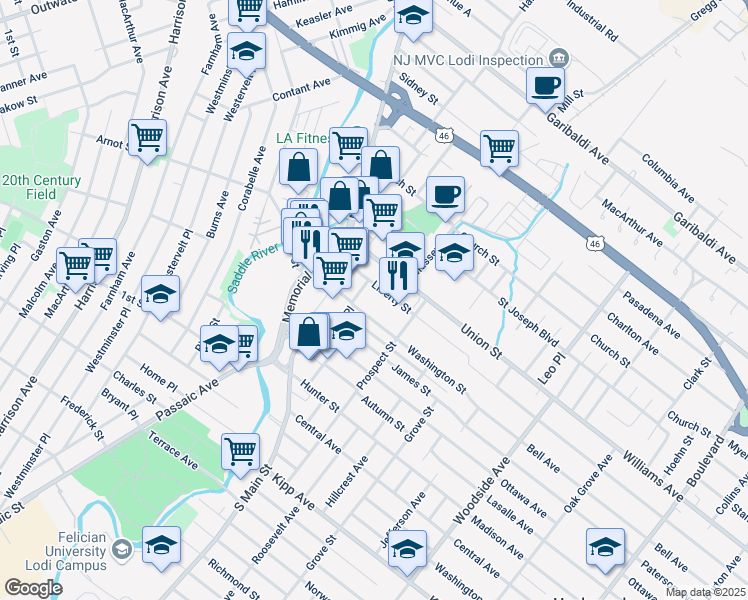 map of restaurants, bars, coffee shops, grocery stores, and more near 63 Washington Street in Lodi