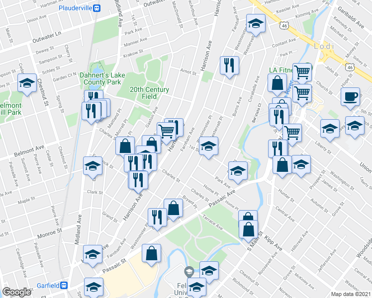 map of restaurants, bars, coffee shops, grocery stores, and more near 238 Farnham Avenue in Lodi