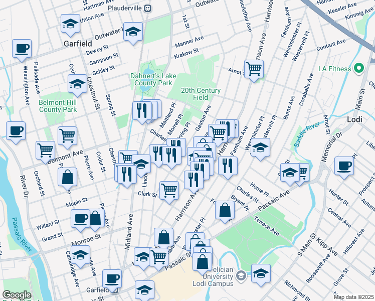 map of restaurants, bars, coffee shops, grocery stores, and more near 78 Gaston Avenue in Garfield