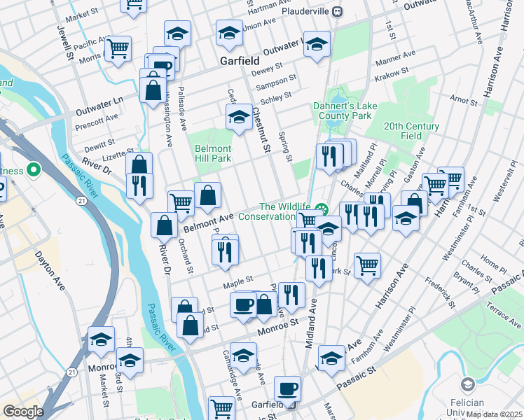 map of restaurants, bars, coffee shops, grocery stores, and more near 184 Pierre Avenue in Garfield