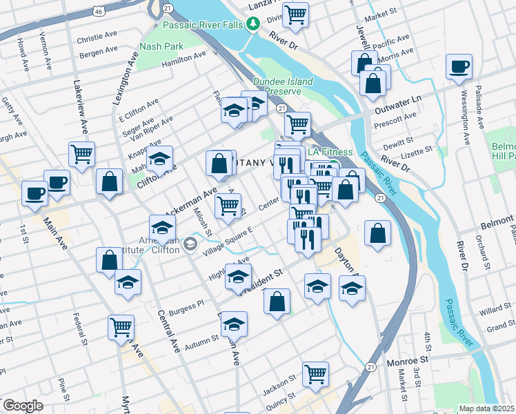map of restaurants, bars, coffee shops, grocery stores, and more near 80 Village Square East in Clifton