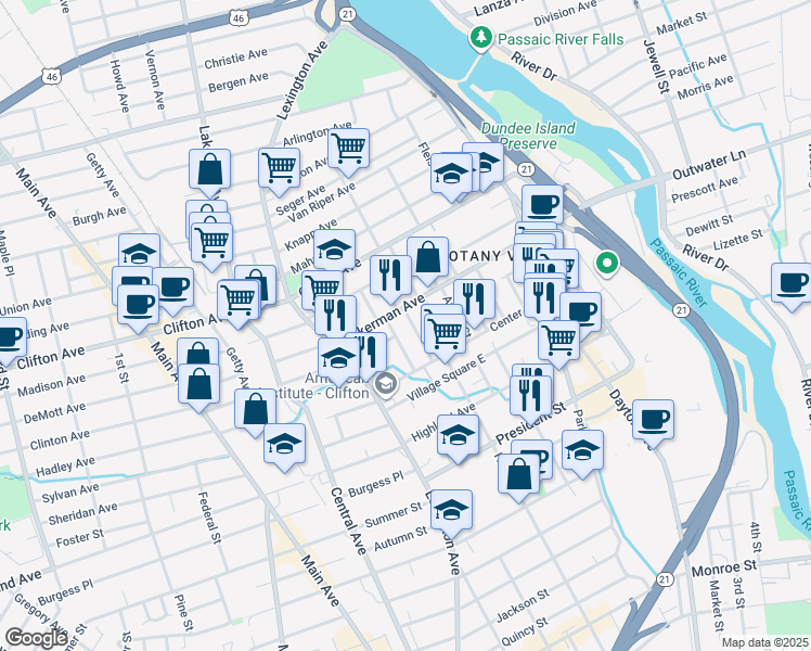 map of restaurants, bars, coffee shops, grocery stores, and more near 32 Milosh Street in Clifton