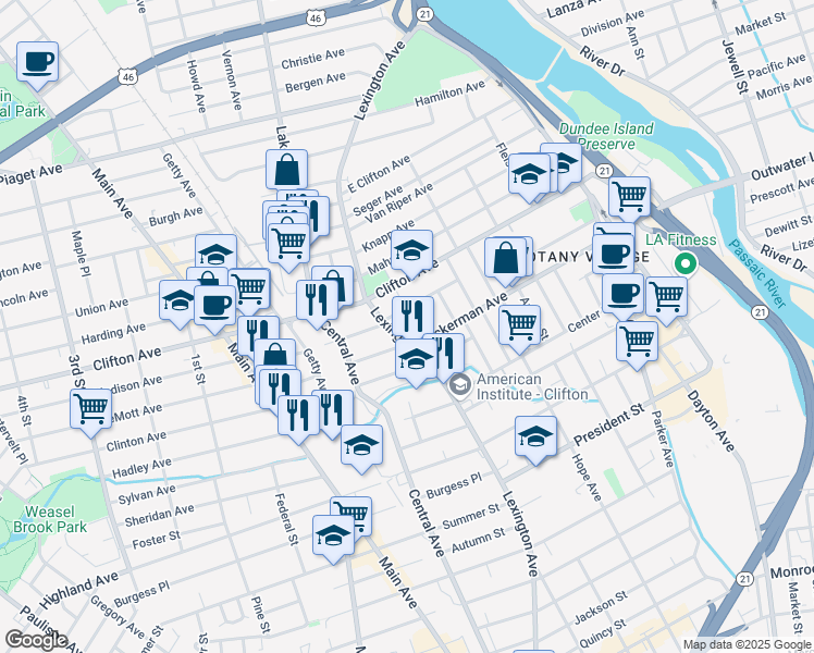 map of restaurants, bars, coffee shops, grocery stores, and more near 12 Kulick Street in Clifton