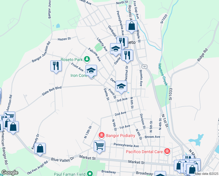 map of restaurants, bars, coffee shops, grocery stores, and more near 89 Dante Street in Bangor