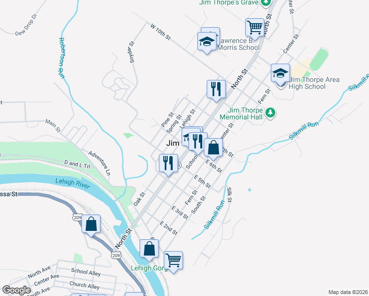 map of restaurants, bars, coffee shops, grocery stores, and more near 25 West 6th Street in Jim Thorpe