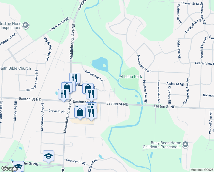 map of restaurants, bars, coffee shops, grocery stores, and more near 6636 Amsel Avenue Northeast in Canton