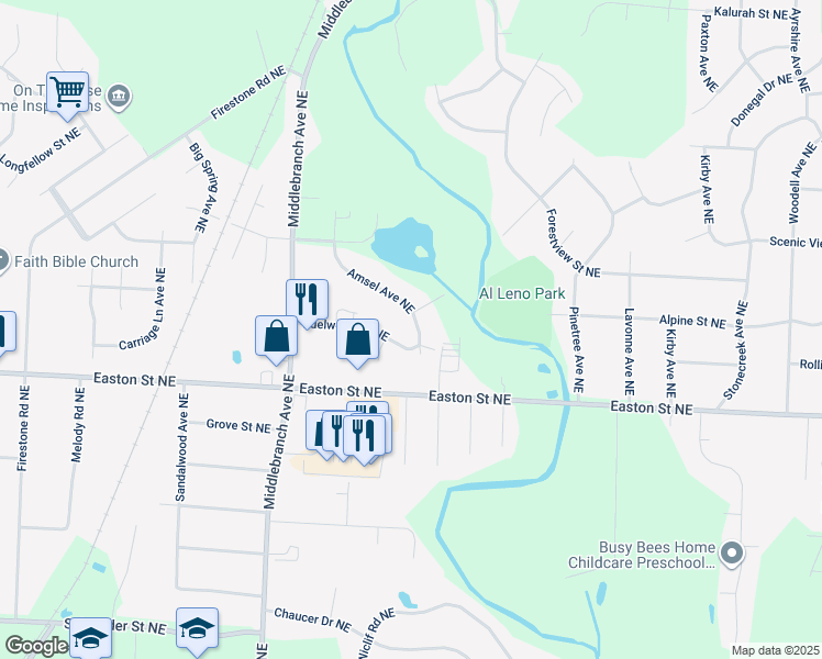 map of restaurants, bars, coffee shops, grocery stores, and more near 2736 Edelweiss Street Northeast in Canton