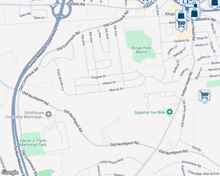 map of restaurants, bars, coffee shops, grocery stores, and more near 42 Marvin Drive in Kings Park
