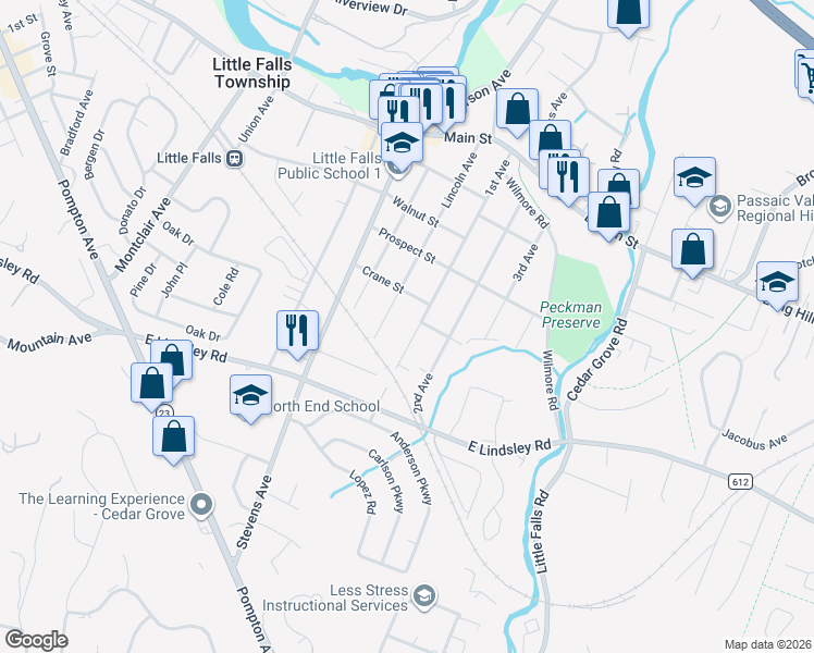 map of restaurants, bars, coffee shops, grocery stores, and more near 191 1st Avenue in Little Falls