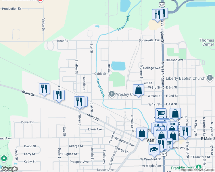 map of restaurants, bars, coffee shops, grocery stores, and more near 130 Blaine Street in Van Wert