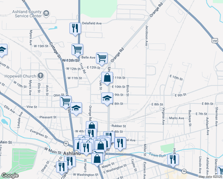 map of restaurants, bars, coffee shops, grocery stores, and more near 825 Union Street in Ashland