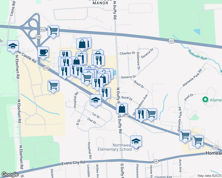 map of restaurants, bars, coffee shops, grocery stores, and more near 200 Butler Commons in Butler