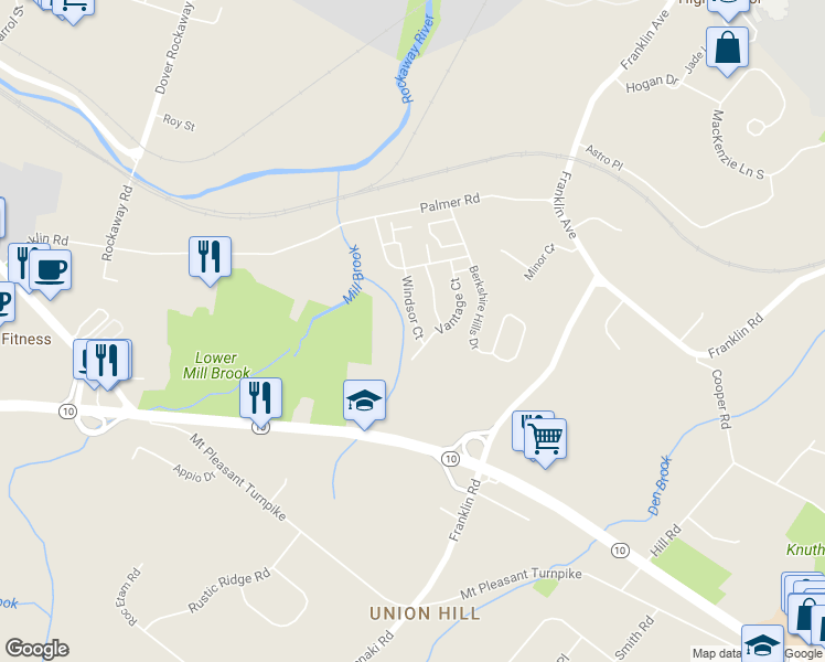 map of restaurants, bars, coffee shops, grocery stores, and more near 1707 Windsor Court in Denville