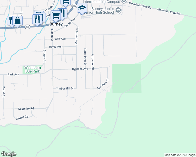 map of restaurants, bars, coffee shops, grocery stores, and more near 20137 Arrowood Street in Burney