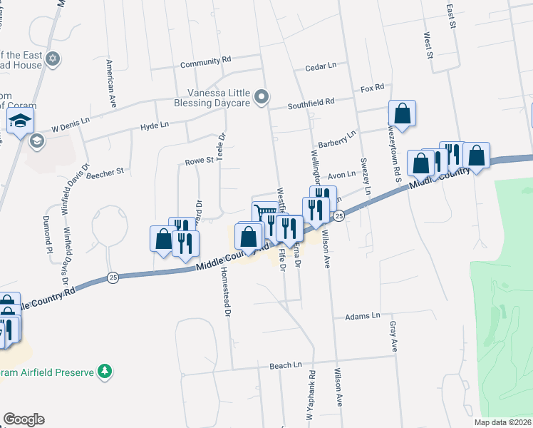 map of restaurants, bars, coffee shops, grocery stores, and more near 16 Middle Country Road in Coram