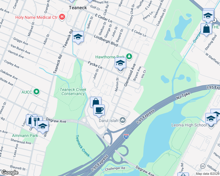 map of restaurants, bars, coffee shops, grocery stores, and more near 2 Sinclair Court in Teaneck