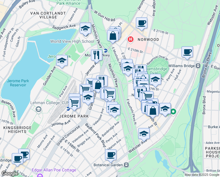 map of restaurants, bars, coffee shops, grocery stores, and more near 190 East 206th Street in Bronx